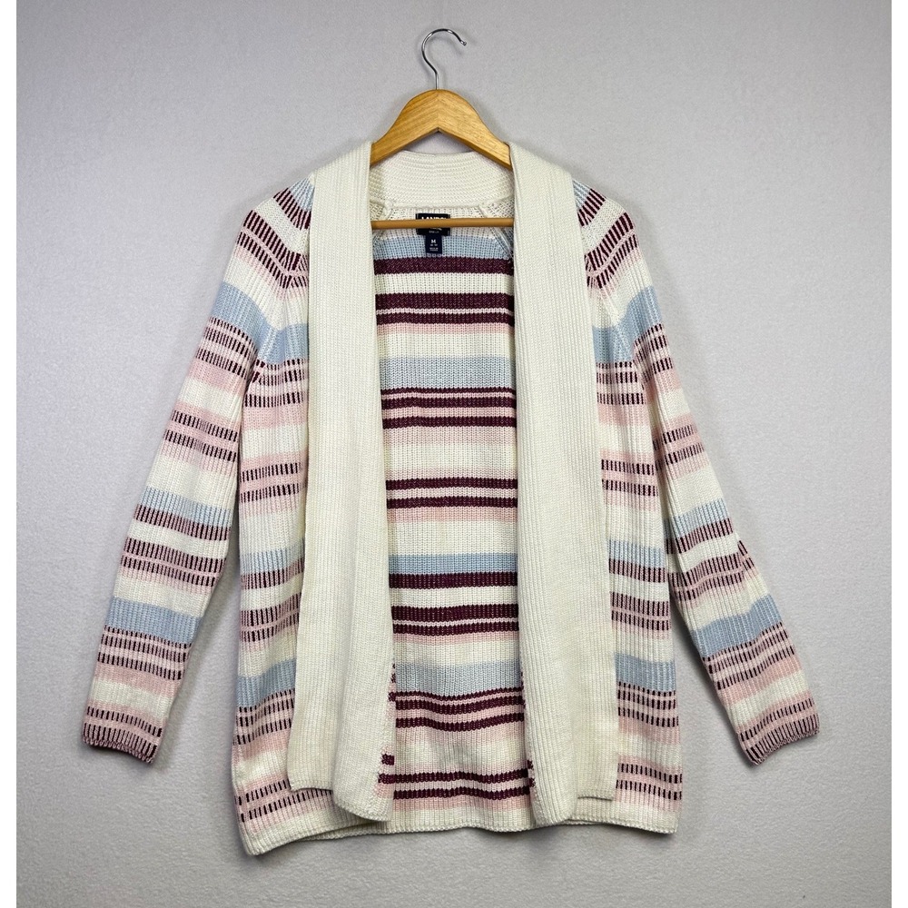 Lands End Womens Striped Cardigan Sweater Cream Pink Blue Maroon M‎
